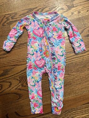 GiGi & Max Floral Heart-Print Girls' One-Piece Pajamas -Pink & Blue Bamboo 3-6MO